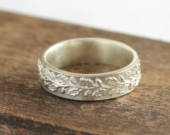 Silver Wedding Ring, Silver Woodland Ring, Woodland Wedding Ring, Silver Stacking Ring, Solid Silver Band