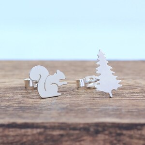 Squirrel and Tree Earrings, Silver Stud Earrings, Silver Woodland Earrings, Handmade Squirrel Earrings
