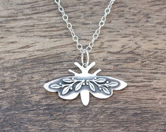 Silver Moth Necklace, Floral Silver Moth Necklace, Midnight Moth Necklace, Silver Butterfly Necklace
