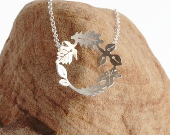 Silver Leaf Necklace, Dancing leaves Hoop Necklace, Handmade Silver Necklace, Circle of silver leaves