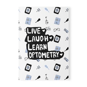 Notitieboek met zachte kaft - Live Laugh Learn Optometry - Studenten optometrie - Handgetekend patroon - cadeau voor optometrist, A5-dagboek, optometriecadeau,