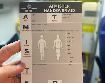 May include: A rectangular ATMISTER HANDOVER AID card printed on white paper with black and red text. The card features a medical mnemonic structure with fields for patient age, sex, mechanism of injury, vital signs, and treatment interventions.