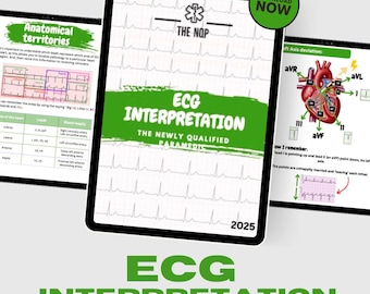 May include: A digital educational guide titled ECG Interpretation The Newly Qualified Paramedic 2025, displayed on three tablet screens. The content features medical diagrams, anatomical territories, heart axis deviation charts, and ECG rhythm strips.