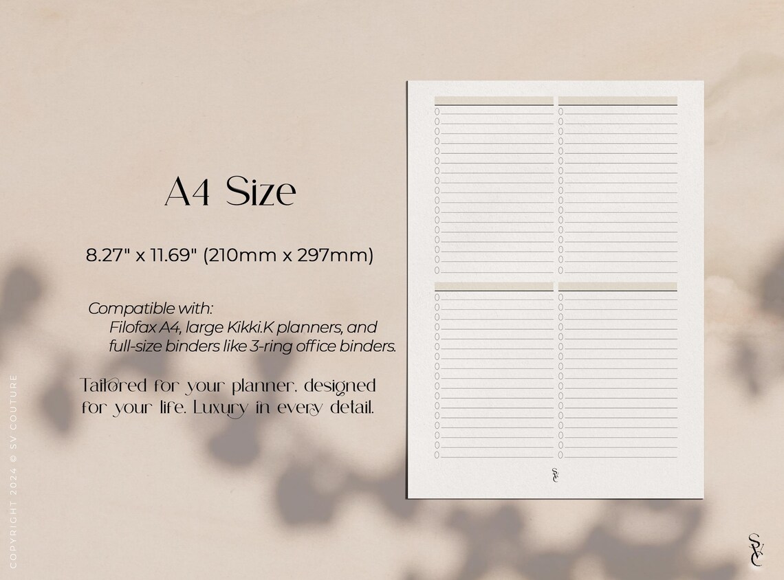 A4 4-column Checklist Printable: Luxury Planner Insert (PDF) - Etsy