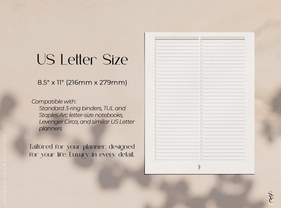 Luxury 2-column Checklist Insert: Letter Size Printable (PDF) - Etsy