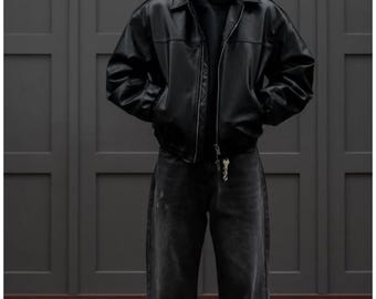 Handmade Vintage Black Leather Bomber Jacket for Mens 90s Retro Style Real Sheep Leather Casual Streetwear Relaxed Fit Lightweight Jackets