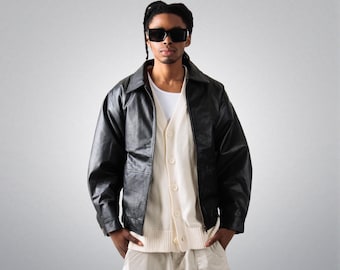 Handmade Oversized Black Leather Jacket Vintage Leather Coat Loose