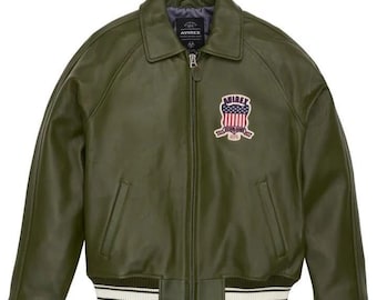 Avirex Leather Jacket for Mens Olive Green Vintage Bomber Flight Jacket with Patches Military Pilot Aviator Y2K Retro Streetwear Green Coats