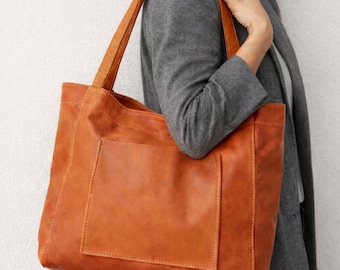 Cognac Leather Tote Bag Women Slouchy Shoulder Purse Minimalist Weekend Handbag Soft Carryall Pocket Tote Quiet Luxury Gift For Her