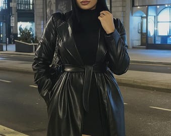 Vintage Women's Black Belted Long Leather Trench Coat Genuine
