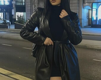 本羊革 レディーストレンチコート レザーロングジャケット Sheep Leather Ladies Long trench coat......,,,,, Vintage Women's Black Belted Long Leather Trench Coat Genuine