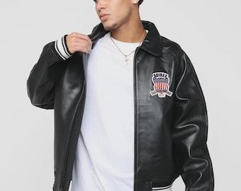 Vintage zwart schapenleren bomberjack: geborduurde pilotenjas retro streetwear bomberjack-gepersonaliseerde beste cadeau-ideeën voor hem