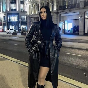 Vintage Women's Black Belted Long Leather Trench Coat Genuine