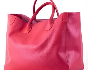 Hot Pink Leather Tote Bag for Women's Genuine Cowhide Oversized Handbag Large Laptop Work Bag Soft Minimalist Shopper Travel Carryall Purse