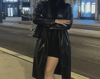 Vintage Women's Black Belted Long Leather Trench Coat Genuine