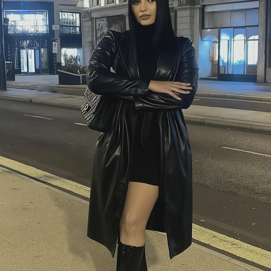 Vintage Women's Black Belted Long Leather Trench Coat Genuine