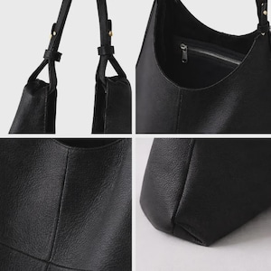 Close-up collage of an oversized black leather hobo tote bag showcasing premium craftsmanship and minimalist details. Features adjustable shoulder straps, soft pebbled genuine leather texture, spacious interior with secure zipper pocket, reinforced stitching, and structured base design. Elegant quiet luxury handbag with modern slouchy silhouette, perfect as an everyday shoulder bag, work tote, commuter purse, travel carryall, and stylish minimalist fashion accessory. Handmade leather tote