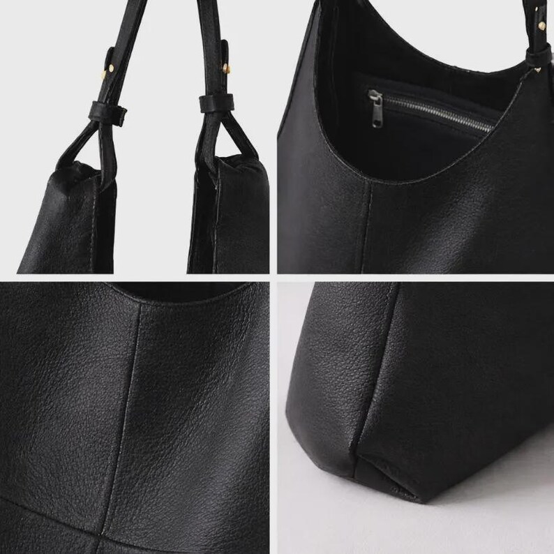 Close-up collage of an oversized black leather hobo tote bag showcasing premium craftsmanship and minimalist details. Features adjustable shoulder straps, soft pebbled genuine leather texture, spacious interior with secure zipper pocket, reinforced stitching, and structured base design. Elegant quiet luxury handbag with modern slouchy silhouette, perfect as an everyday shoulder bag, work tote, commuter purse, travel carryall, and stylish minimalist fashion accessory. Handmade leather tote