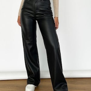 High Waisted Leather Pants for Women Vintage Style Real Leather Trousers Slim Fit Straight Leg or Wide Leg Options Party and Streetwear