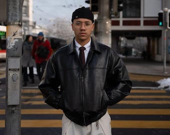 Giubbotto bomber in pelle nera vintage fatto a mano da uomo, stile retrò anni '90, vera pelle di pecora, casual, streetwear, vestibilità comoda, giacche leggere