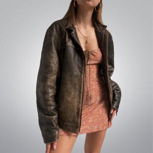 Blouson en cuir marron vintage pour femme, style motard oversize inspiré des années 90, vêtements d'extérieur en cuir classiques - Idéal pour Noël ou comme cadeau.