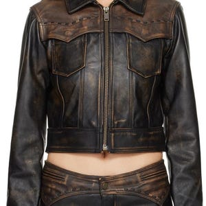 Veste courte pour femme en cuir de mouton véritable - Style motard occidental en noir effet vieilli | Vêtements d'extérieur faits main pour cow-girl | Mode automne 2025