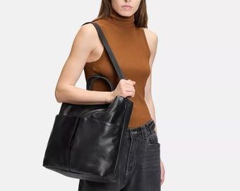 Bolso tote de cuero negro para mujer, bolso de hombro de gran capacidad, bolso tote minimalista para el trabajo, bolso de mano diario para la oficina, bolso de cuero genuino
