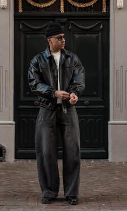 Handmade Vintage Black Leather Bomber Jacket for Mens 90s Retro