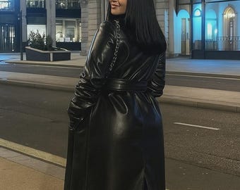 Vintage Women's Black Belted Long Leather Trench Coat Genuine