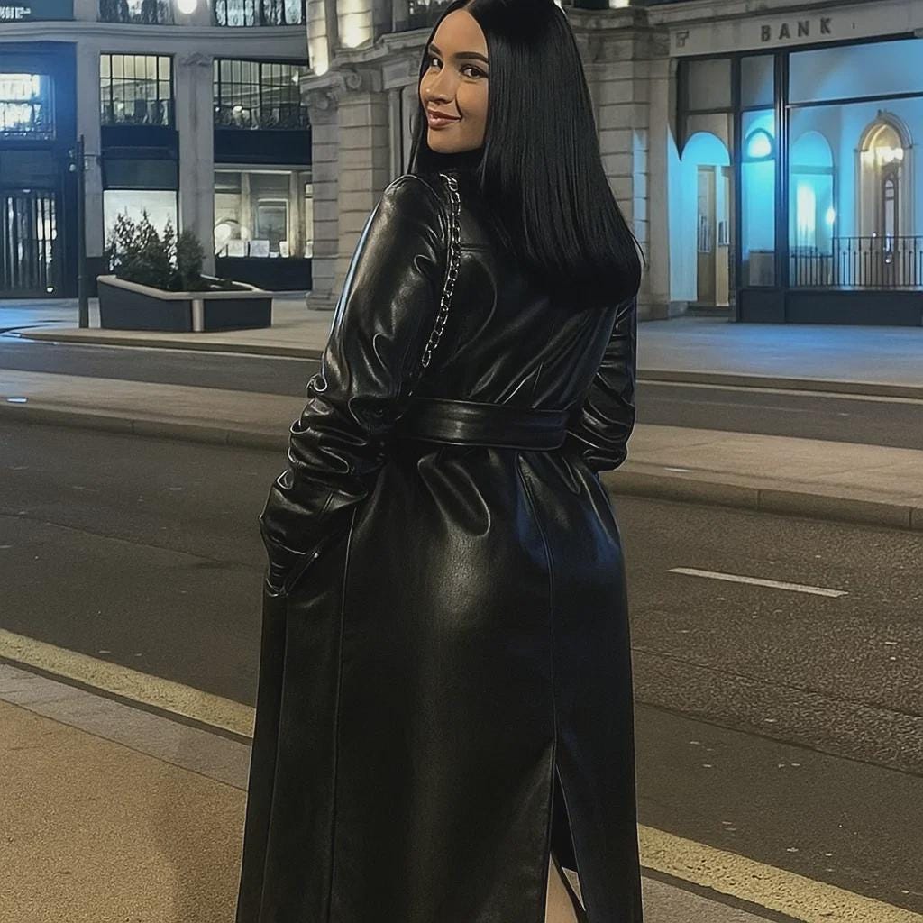 Vintage Women's Black Belted Long Leather Trench Coat Genuine