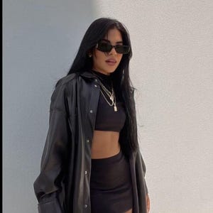 Black Oversized Handmade Sheep Shirt Jacket for Women Streetwear Leather Shacket Lightweight Spring Fall Bomber 90s Baggy Outfit Y2K Style