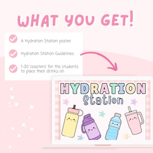 May include: A pink graphic with the text "WHAT YOU GET!" and a list of items: a Hydration Station poster, guidelines, and coasters. The image also shows a laptop screen with the words "HYDRATION Station" and cartoon water bottles.