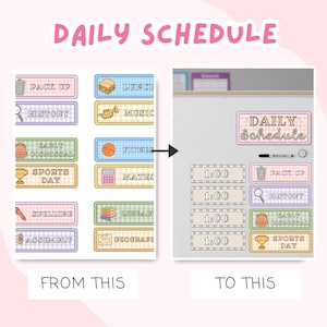 May include: A visual guide showing a "Daily Schedule" concept. The image displays colorful labels with text like "Pack Up," "History," and "Sports Day." The text "Daily Schedule" is at the top. The image shows the transformation from a set of labels to a schedule.