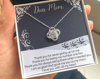 Dear Mom Necklace, Love Knot Necklace, Mother's Day  Gift for Mom, Valentines Day Gift Idea, Birthday Gift, Christmas, Message Card Jewelry