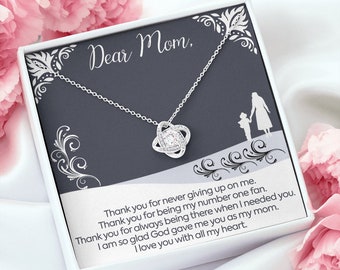 Dear Mom Necklace, Love Knot Necklace, Mother's Day Gift for Mom, Valentines Day Gift Idea, Birthday Gift, Christmas, Message Card Jewelry