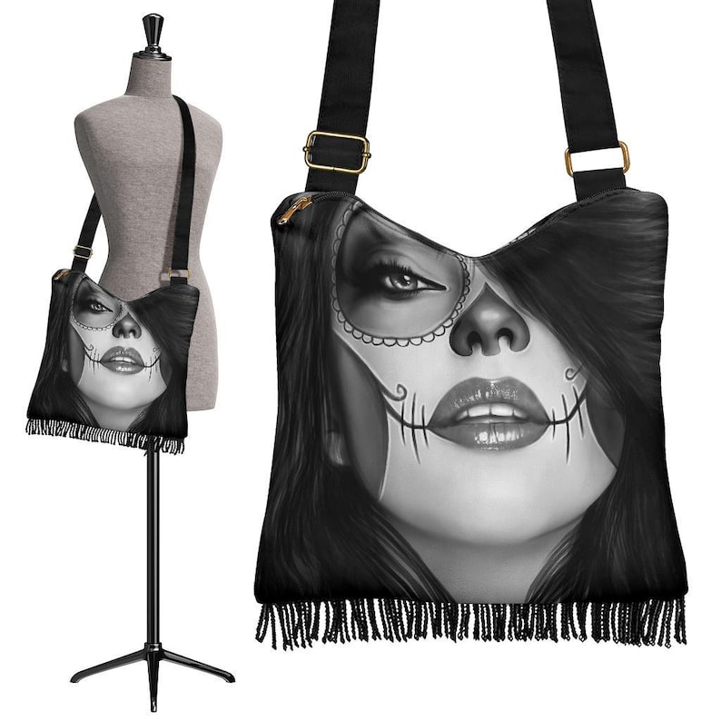 Hobo Canvas Tote Bag Sugar Skull Crossbody Bag Gothic Cross Body Bag Bohemian Gyspy Fringe Purse Boho Bag Shoulder Bag Gift For Her