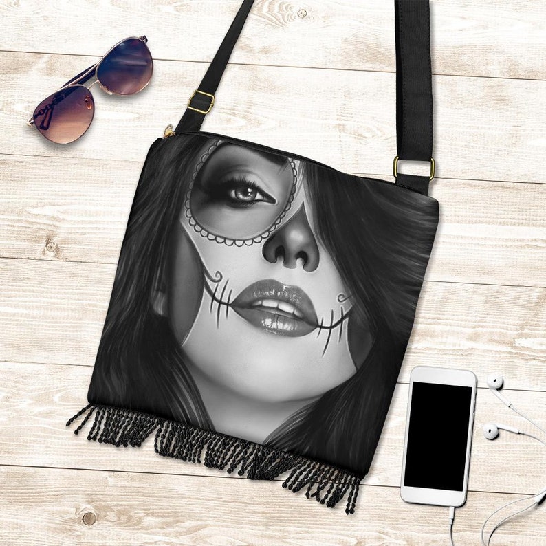 Hobo Canvas Tote Bag Sugar Skull Crossbody Bag Gothic Cross Body Bag Bohemian Gyspy Fringe Purse Boho Bag Shoulder Bag Gift For Her
