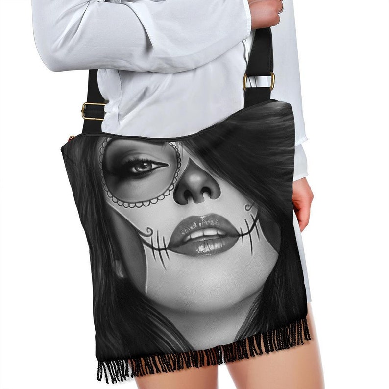 Hobo Canvas Tote Bag Sugar Skull Crossbody Bag Gothic Cross Body Bag Bohemian Gyspy Fringe Purse Boho Bag Shoulder Bag Gift For Her