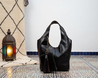 Handmade Moroccan Leather Hobo Bag – Genuine Leather Tote with Tassel & Inner Pocket