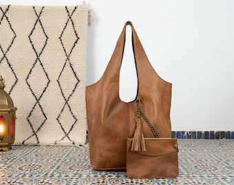 Genuine Leather Hobo Bag | Handmade Moroccan Tote with Tassel & Inner Pocket