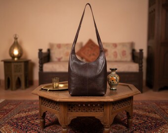 Handmade Leather Shoulder Tote Bag: Moroccan Shopper Handbag