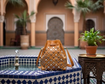 Handmade Moroccan Leather Bucket Bag – Genuine Leather Crossbody with Studded Design & Tassel Drawstring