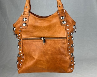 Genuine Leather Studded Tote Bag with Crossbody Strap
