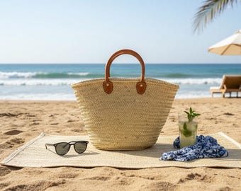 Handmade Moroccan Straw Market Basket with Double Leather Handle Options – Large Boho Tote Bag