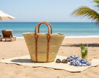 Handmade Moroccan Straw Market Basket with Leather Handles – Dual Handle Tote Bag