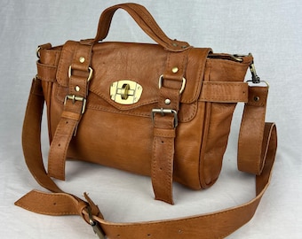 Genuine Leather Satchel Bag – Handmade Crossbody Purse with Buckle Straps, Travel Handbag
