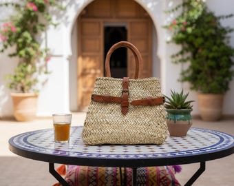 Handmade Moroccan Straw Bag with Leather Handles & Buckle Closure – Boho Summer Market Tote