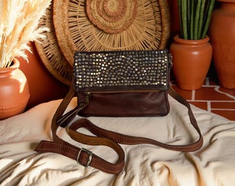 Genuine Leather Crossbody Bag with Studded Flap | Handmade Shoulder Purse with Zipper & Magnetic Closure