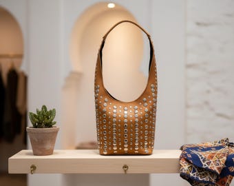 Handmade Leather Shoulder Bag with Metal Studs - Moroccan Boho Tote