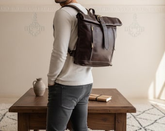 Handmade Moroccan Leather Roll Top Backpack – Vintage Travel Rucksack